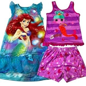 Girls Mermaid Pajama Sleepwear Bundle Lot of 2 Disney Ariel and Lalaloopsy PJs